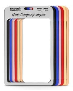 Metal A7 badge ID holder colour range with a customisable option for a single-colour printed design