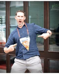 Pizza holder in the street